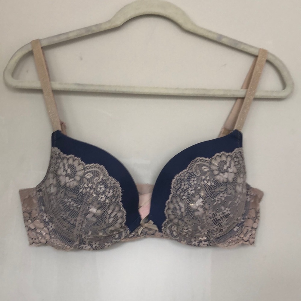 Blue and blush lace bra